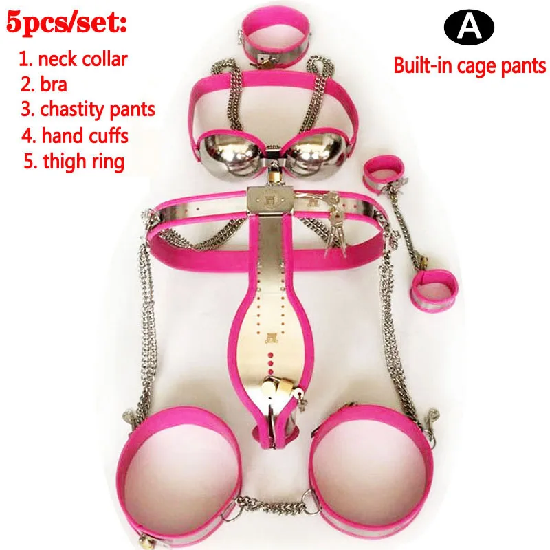 5pcs/set Male Chastity Belt bra neck collar handcuffs thigh ring Metal chastity pants lock cock cage BDSM Sex Toys For Men