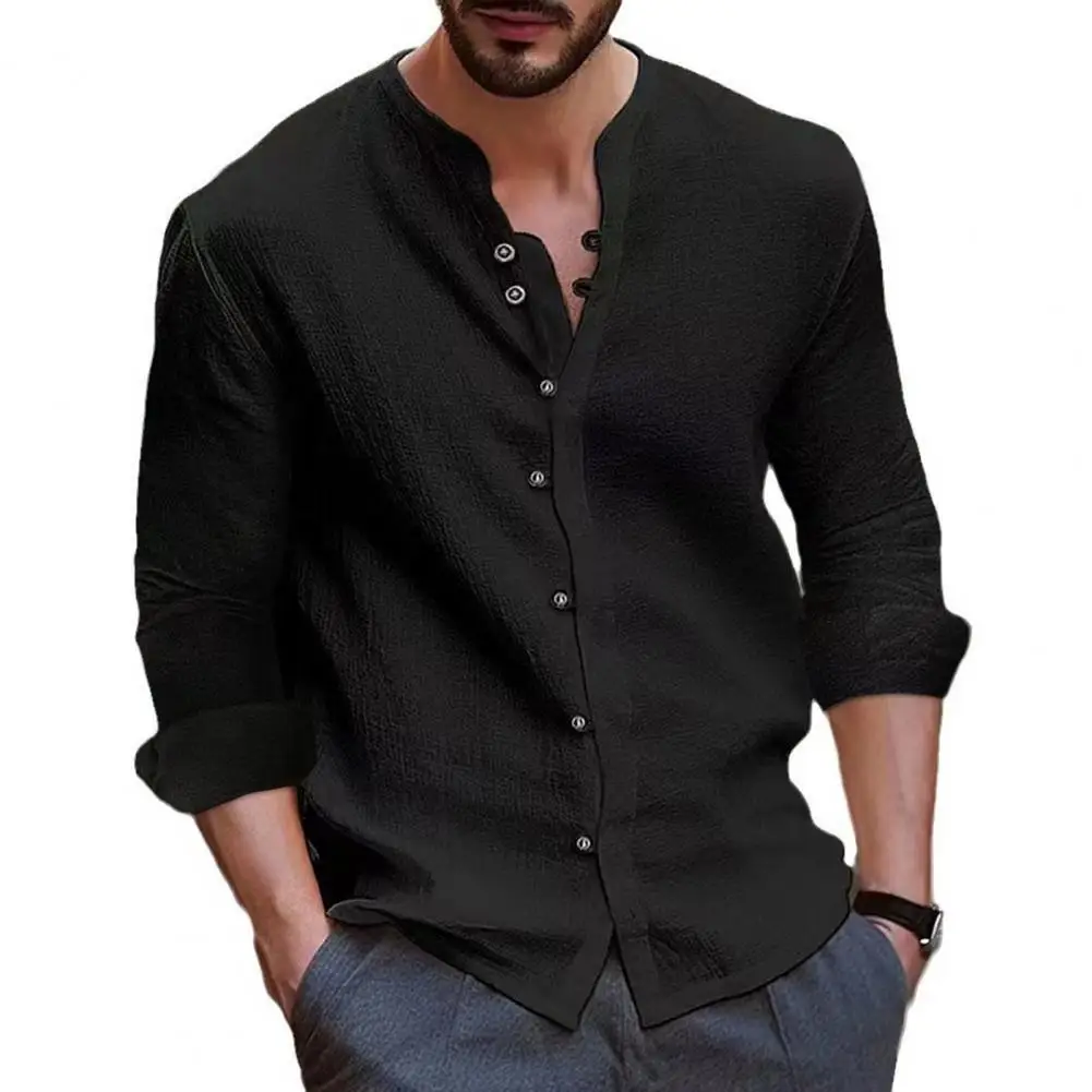 

Summer Fashion Men's Shirt Retro Button Cotton Hemp Casual Slim Solid Color Short-sleeved Stand-up Collar Top