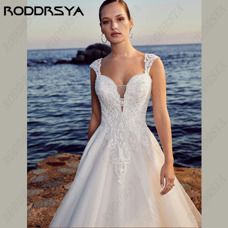 RODDRSYA Boho Wedding Dress For Women V-Neck Spaghetti Strap Backless Bride Gown Elegant Sleeveless A-Line Tulle Robe De Mariée