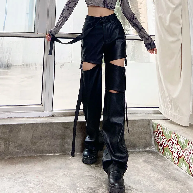 2024 Spring Autumn New Bag Buckle Leather Black Hollow Leather Pants Women\'s Design High Waist Loose Straight Tube Trendy Pants