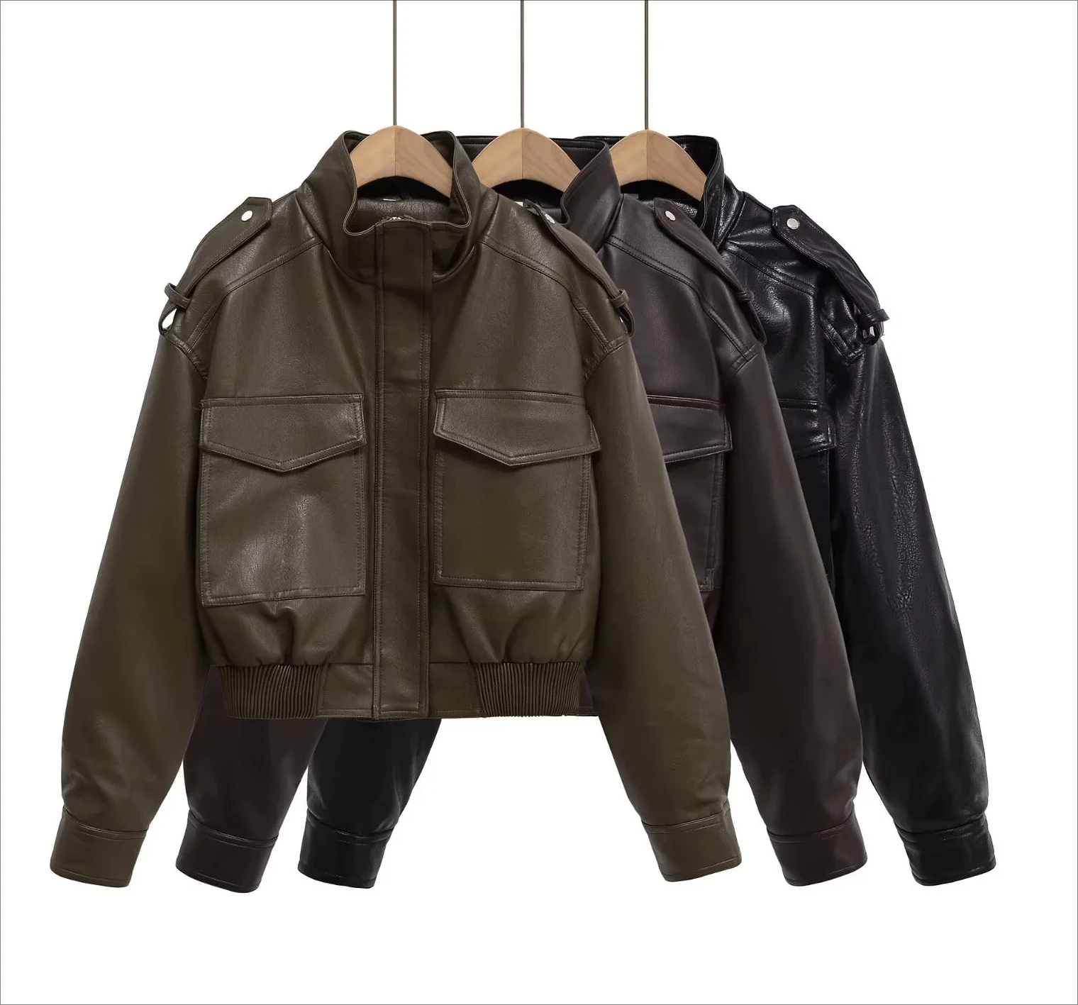 

autumn new women's retro large pocket workwear zipper stand collar imitation leather loose long-sleeved jacket