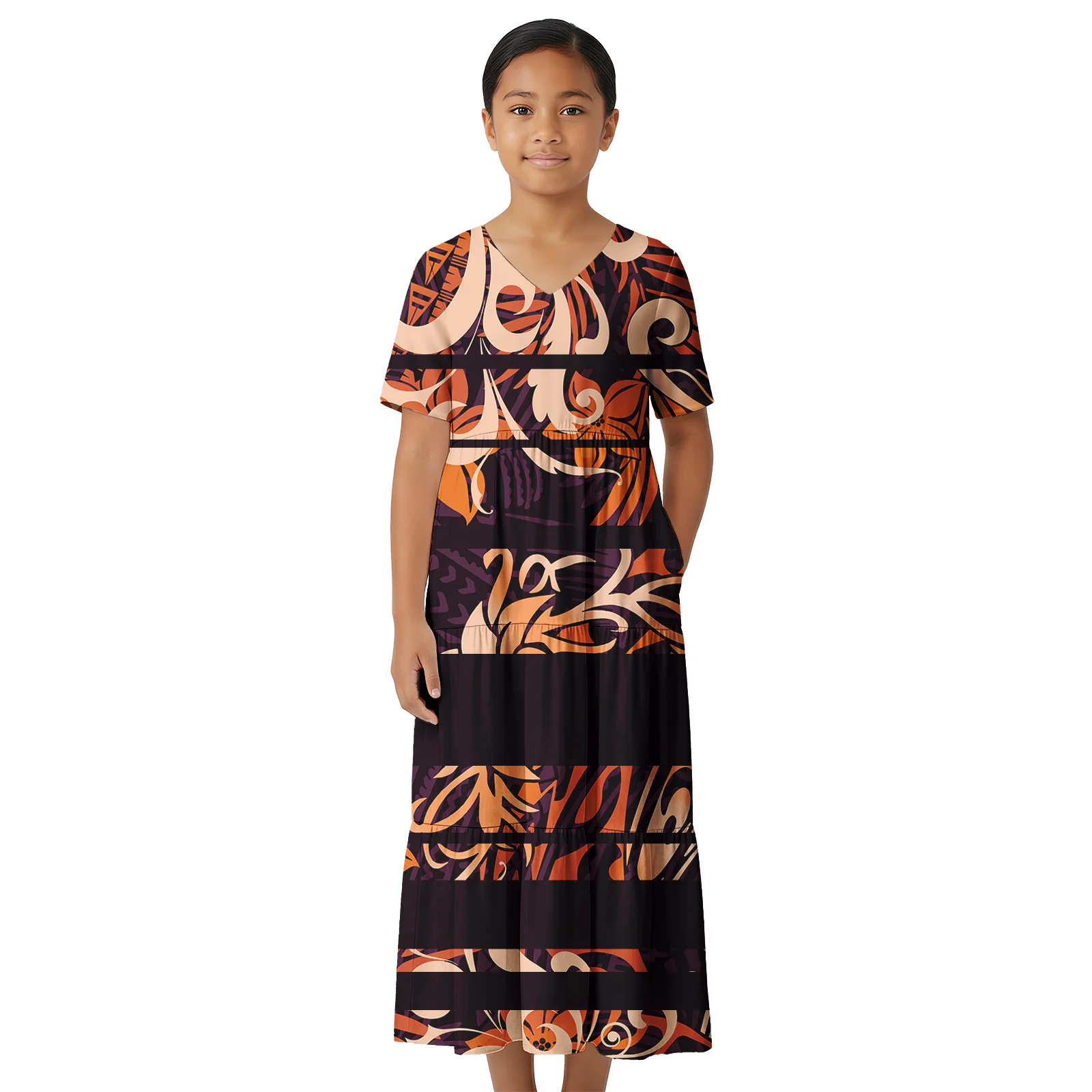 Excellent Polynesian Girls Dress Custom V-Neck Tribal Flowers Cake Gown Party Hawaiian Samoan Theme Tropical Dress Toddler Kids