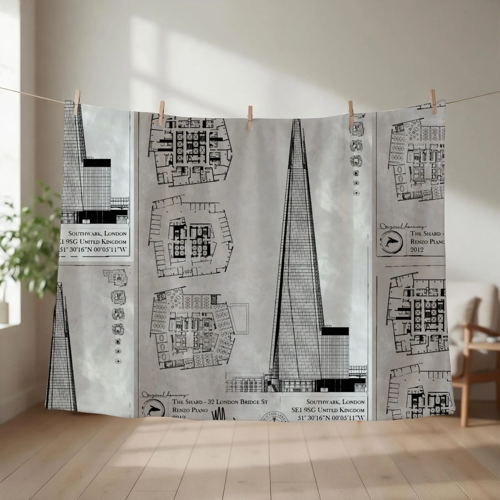 The Shard Architecture Plans [A] Throw Blanket couch cozy soft plush fuzzy picnic outdoor blanket