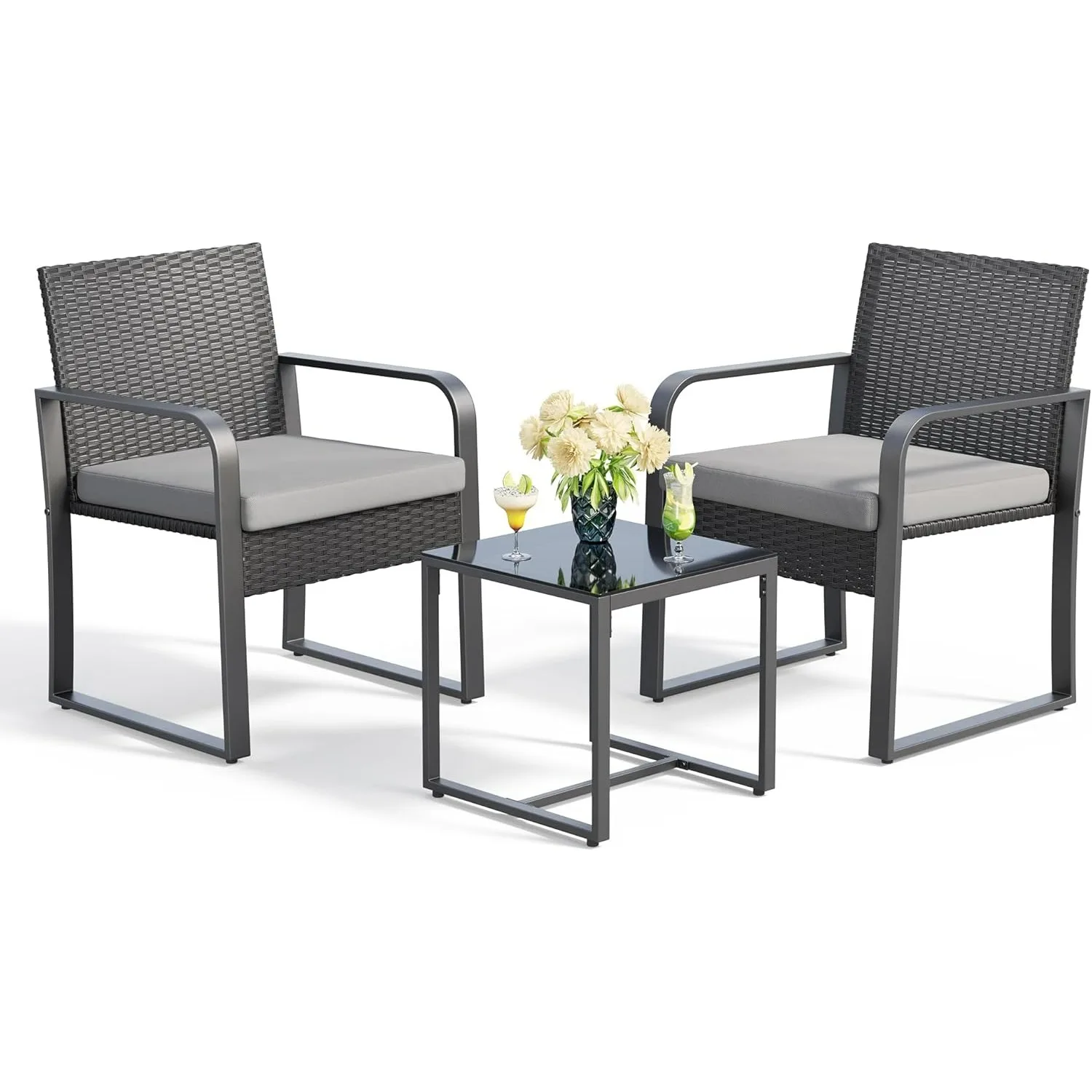 

3 Piece Patio Bistro Set, Outdoor Black Wicker Furniture Sets, Modern Rattan Chair Conversation Sets with Coffee Table, for Yard