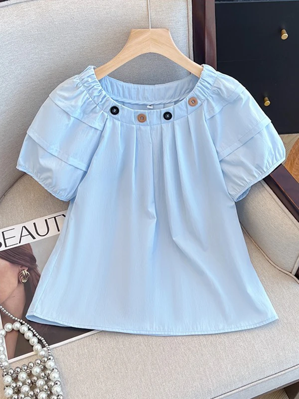 

Button round Ne Bubble Sve irt Women's Summer New Loose Fit Versatile Anti-Aging Top Faion Korean Sle Commute Wind