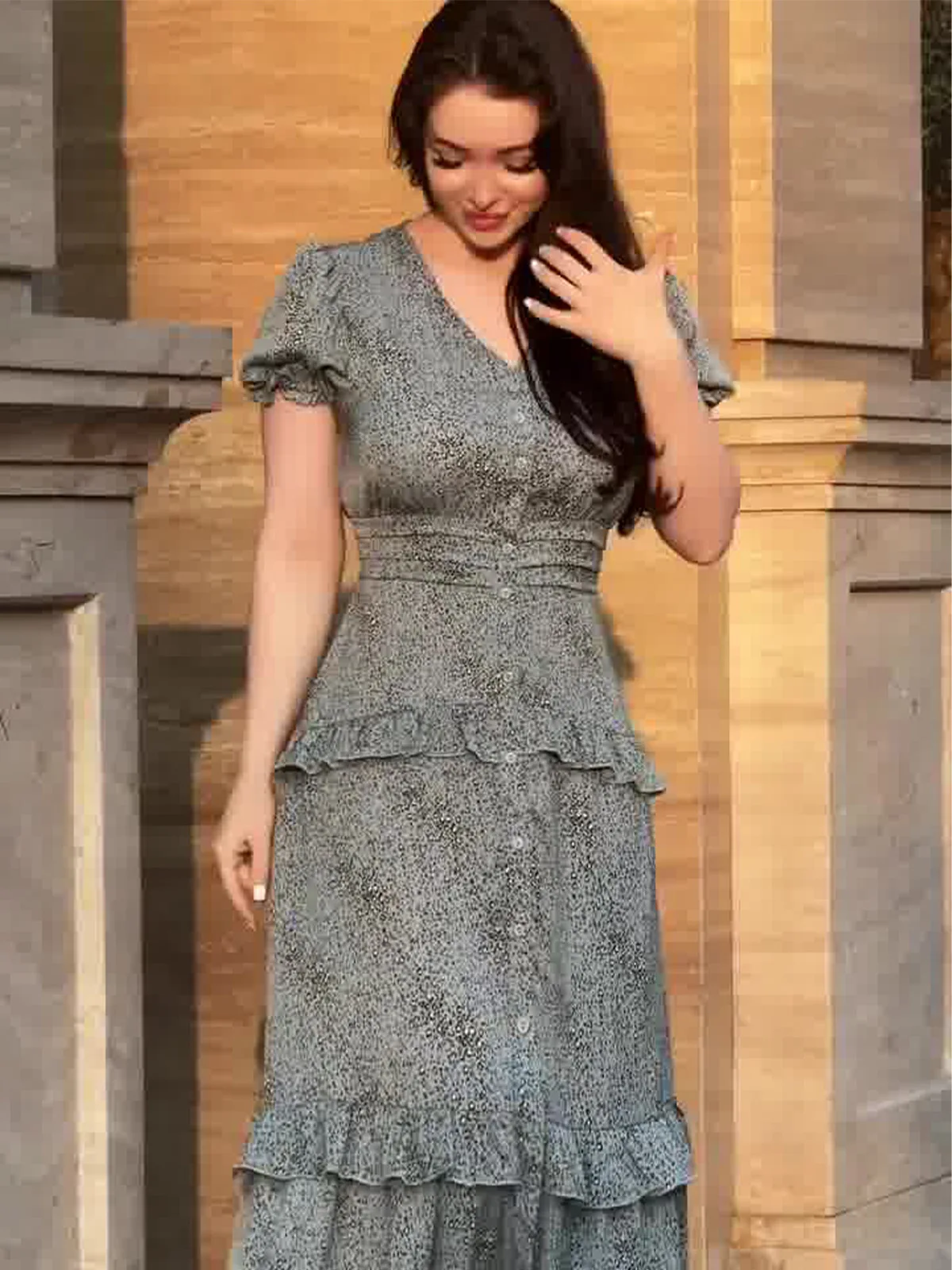 2025 Estate nuovo grigio chiaro floreale manica corta legatura in vita abito lungo sottile donna sexy abito temperamento vintage