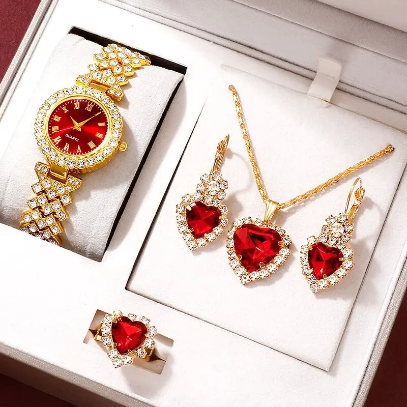 Golden Luxury Watch Women Ring Necklace Earring Rhinestone Fashion Wristwatch Casual Ladies Bracelet Watches Jewelry Set