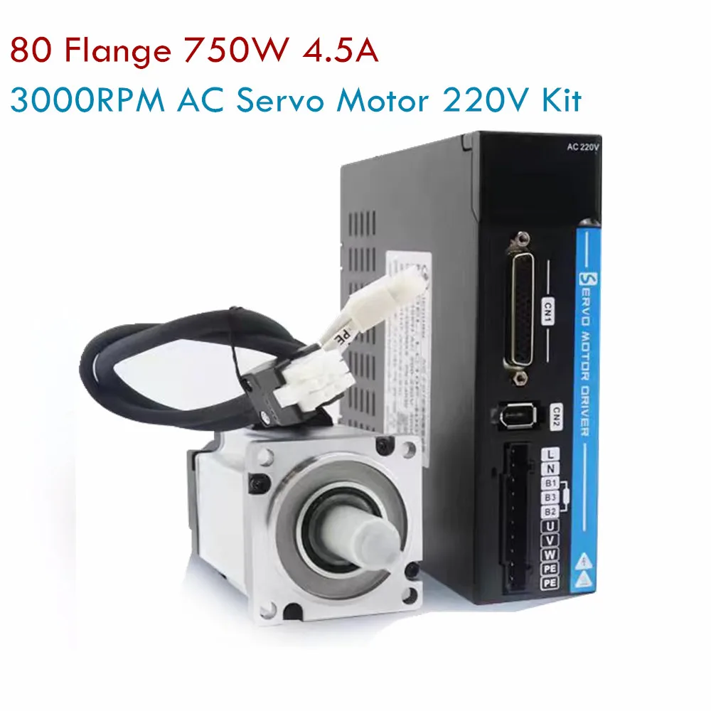 80 Flange 750W 4.5A 220V AC Servo Motor 3000RPM Single-Phase Servo System 2.39(N.m)  Max 7.17(N.m) + Driver + 3M Cable