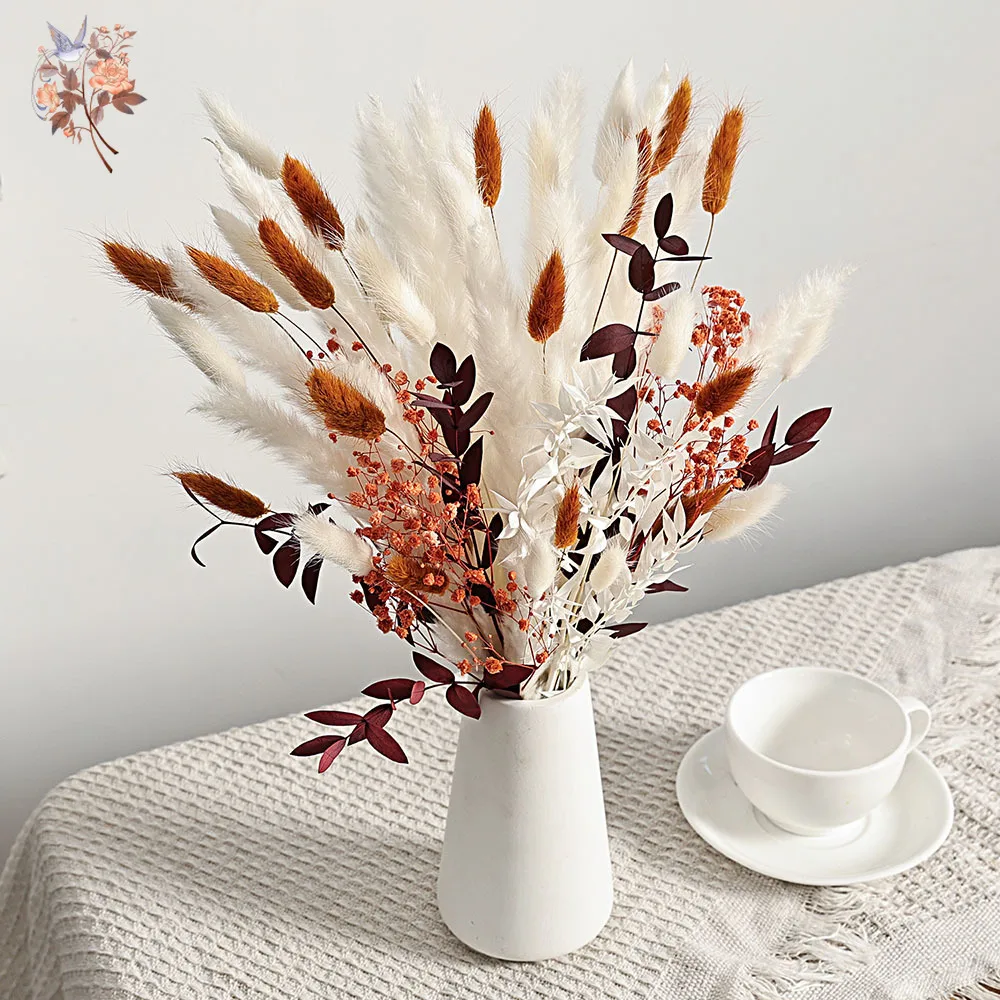 44Pcs Orange Rabbit Tails Grass Bundle Dried Natural Flower Autumn Country Home Decor Preserved Eucalyptus Bouquet Vase Ornament