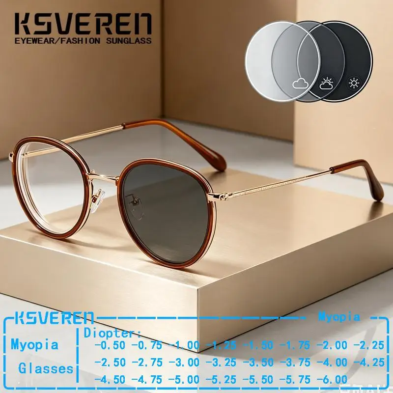 Designer Round Frame Negative Diopter Photochromic Prescription Glasses Men Women Retro Finished Sun Color Change Myopia Eyewear