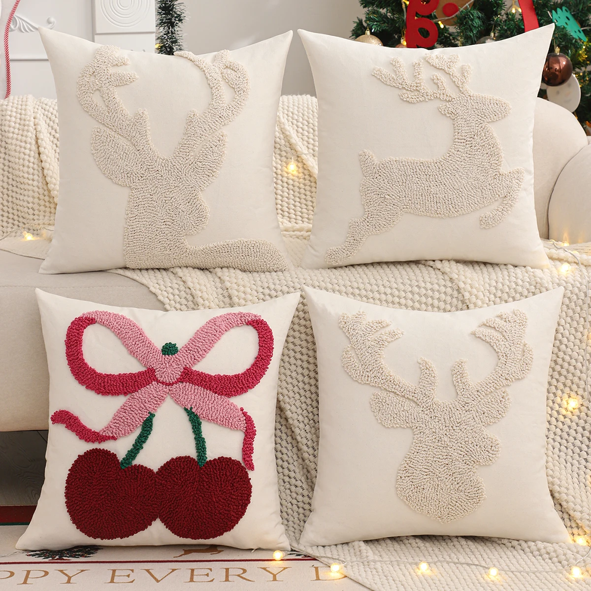 Tufted Throw Pillow Cover Christmas Decoration Canvas Reindeer Cherry Winter Farmhouse Home Sofa Living Room