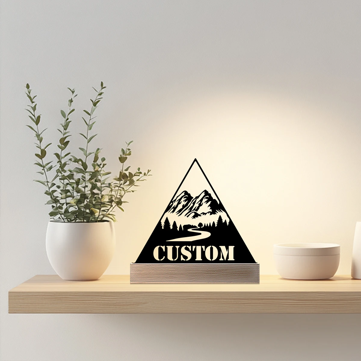 1pc Modern view scene Custom Name Tin Statue Metal Ornament With Wood Base Iron Sculpture Art Figurine With Wood Base