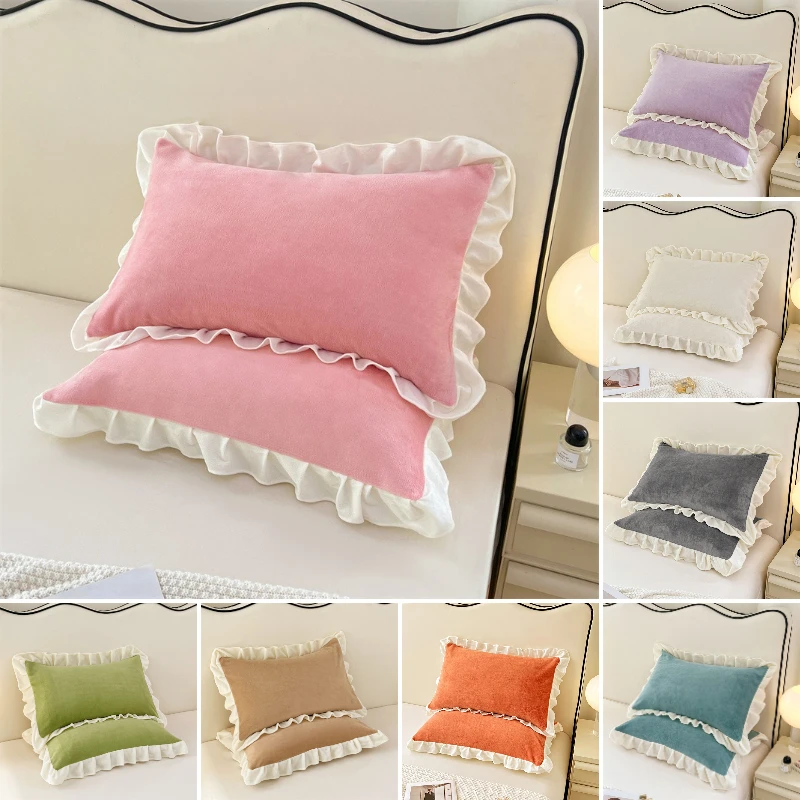 2Pcs 48x74cm Lace Autumn Winter Thickened Milk Velvet Pillow Case Cozy Skin-friendly Dual-sided Pillowcase Single Person Pillow