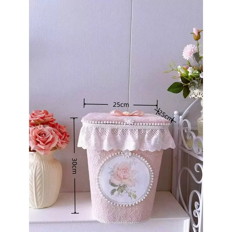 Oversized Storage Trash Can Cotton Lace Bucket Fashion Creative Bedroom Wastebasket Sundries Pearl Ribbon Bin Garbage Buckets