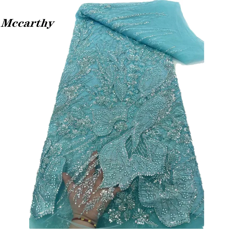 

African Handmade Heavy Sequins Tulle Lace Fabric 2024 High Quality French Luxury Beaded Lace Fabric For Bridal Wedding Dress Sew