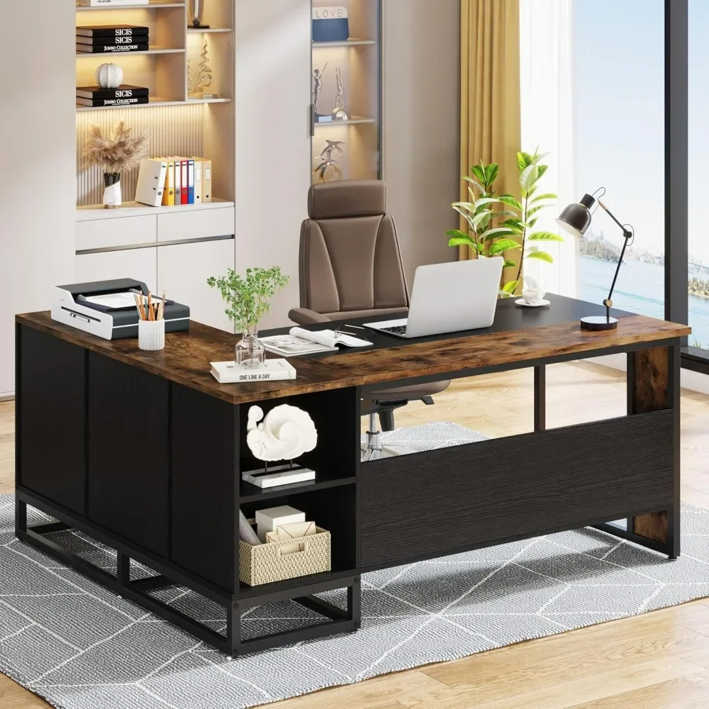 

63" L-Shaped Executive Desk, Large Office Desk with Drawers and Shelves, Rustic Long Business Furniture Desk with File