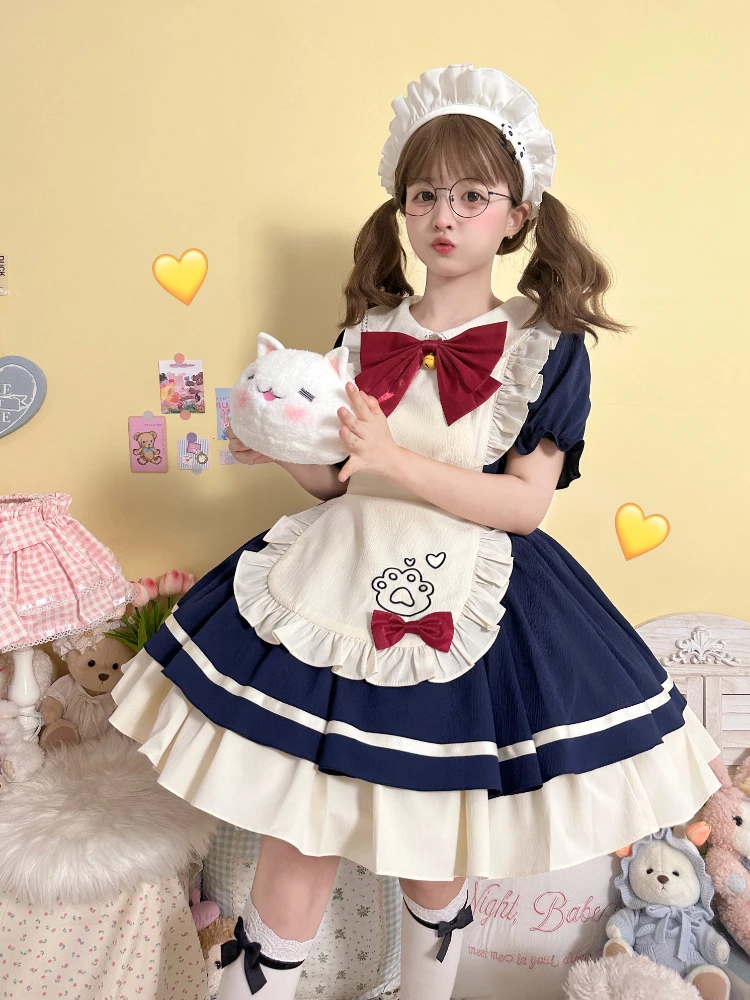 

Dress Women's Polyester Loose Color Matching Bow Cartoon Print Maid Style Lolita Apron Fashion All-Match Spring and Summer 1Pc