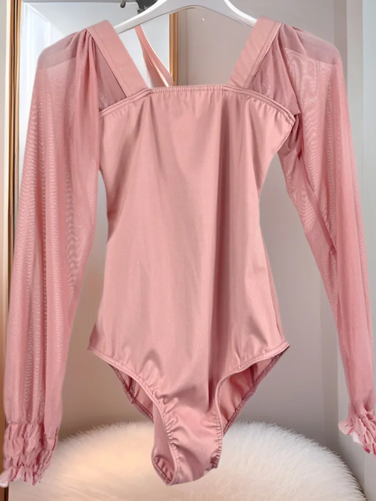 Mesh Patchwork Square Neck Slim Romper with Lantern Sleeves, Ballet Dance Bodysuit for Women, Stage Performance