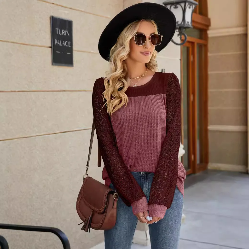 Autumn 2025 Color Blocked Waffle Top Round Neck T-shirt For Women Lace Checkered Long Sleeved Contrasting Splicing Top