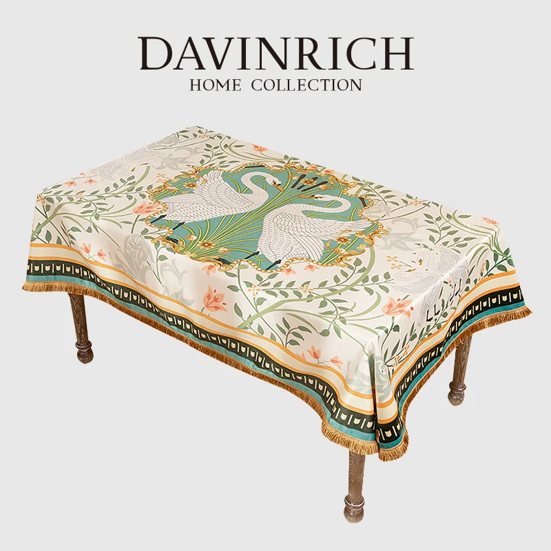 

DAVINRICH Pastoral Countryside Style Table Cloth Delicate Blooming Floral And Double Swan Printed Velvet Tablecloth With Tassels