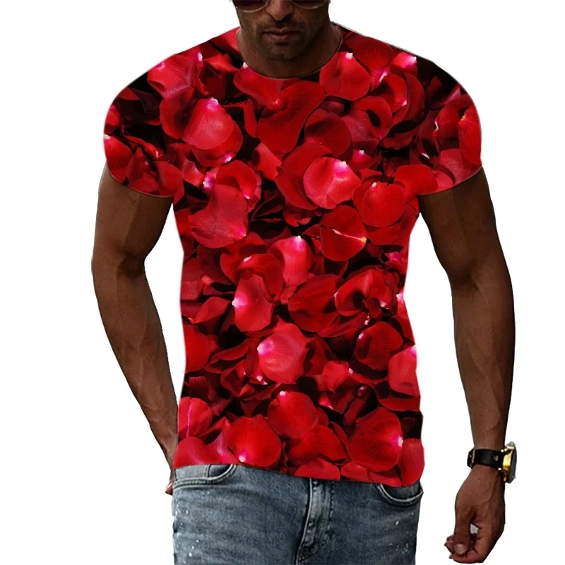 Male Romantic Floral Graphic Tee Short Sleeve O‑Neck Casual Loose Party Daily Summer Tops
