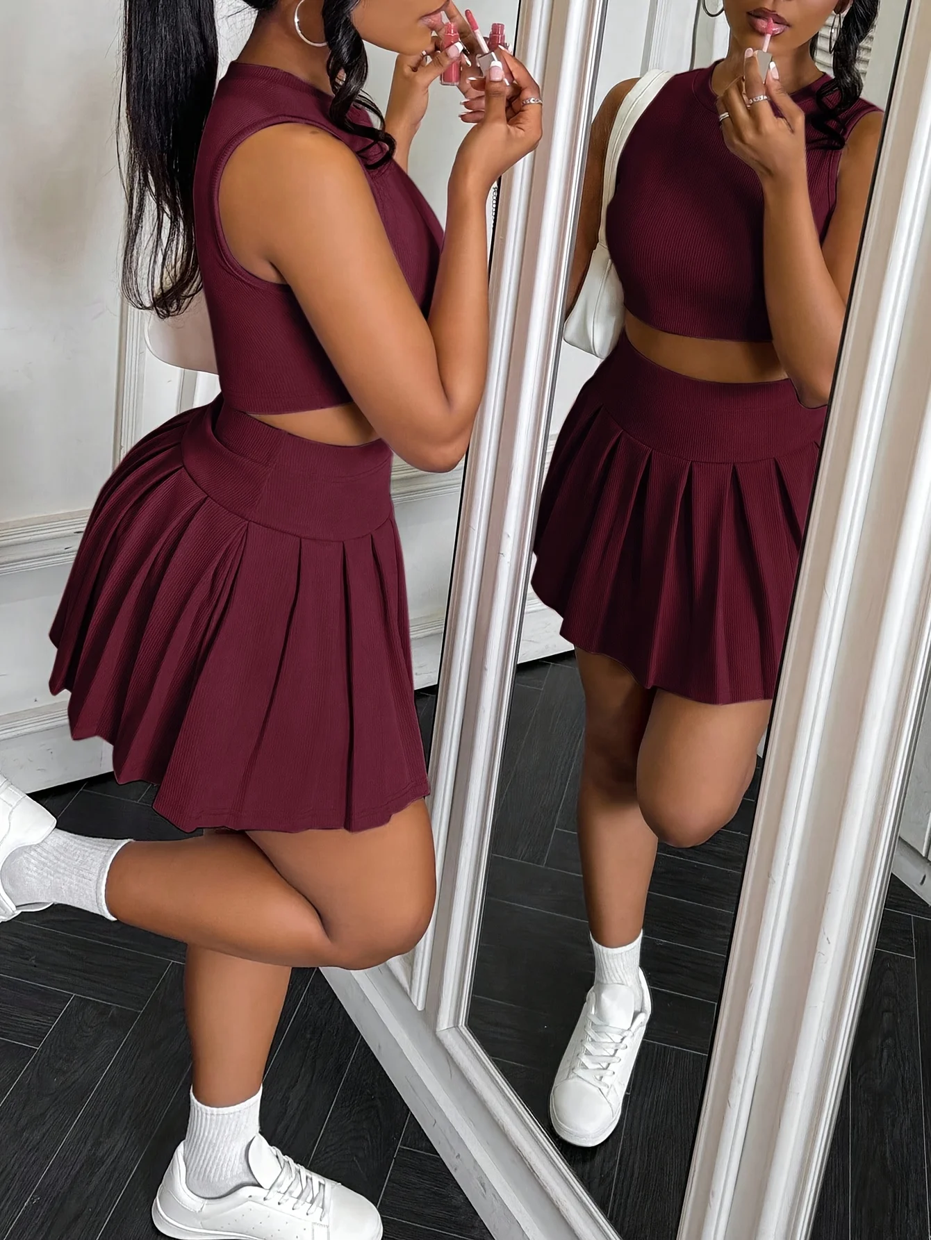 

Women's elegant, sexy, playful short vest with pleated mini skirt and underwear