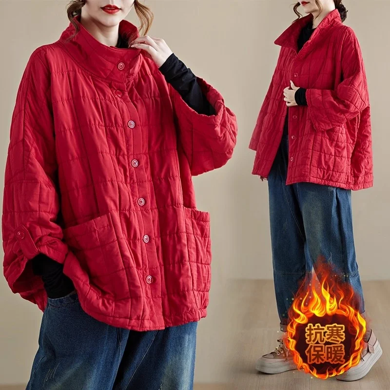 

2025 Autumn And Winter Large Size Women's Loose Single Breasted Seven Quarter Sleeve Lapel Jacket Quilted Checkered Top w753