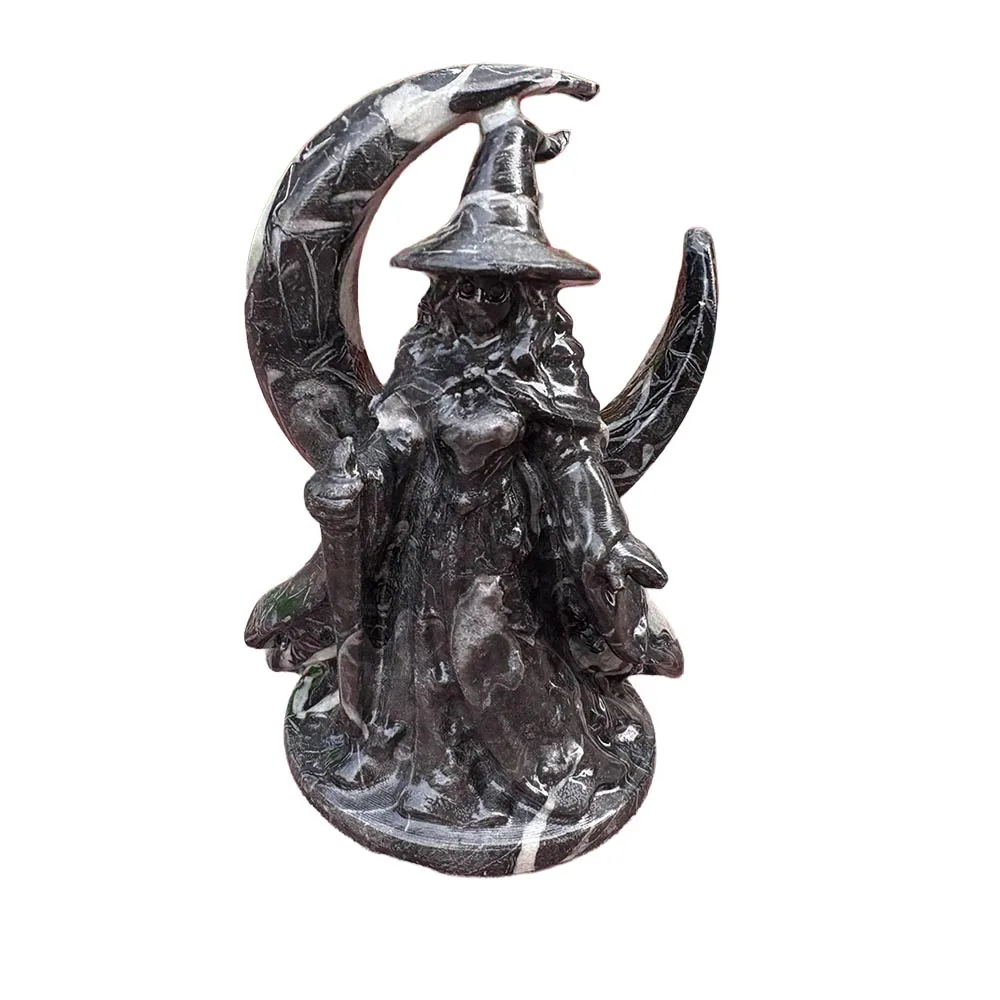 Custom Handcrafted Natural Shell Stone Witch Figurine with Moon, 10cm - Gemstone Magic Goddess Statue Tabletop Decor for Healing