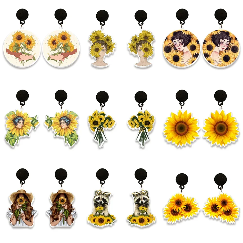 Golden Sunflower Flower Earrings Acrylic Pendant Earrings Round Print Pattern Earrings Cartoon Girl Character Stud Earrings