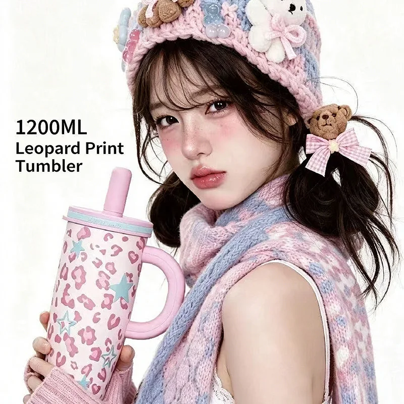 1200ML Leopard Print Insulated Tumbler Handle 316 Stainless Steel Large Capacity Straw Cup Portable Car Travel Coffee Mug Women