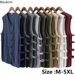 2024 Men's Casual Cotton Linen Vest Top Solid Retro Disc Buckle Sleeveless Trendy Vest for Men Oversized Summer Mandarin Jacket