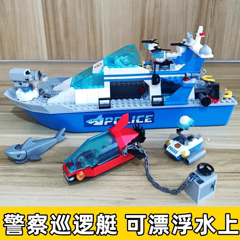 Conjuntos de ladrillos compatibles serie City, bloques de construcción, barco de patrulla policial, barco flotante, UAV marino, juguetes para niños, regalos 60277