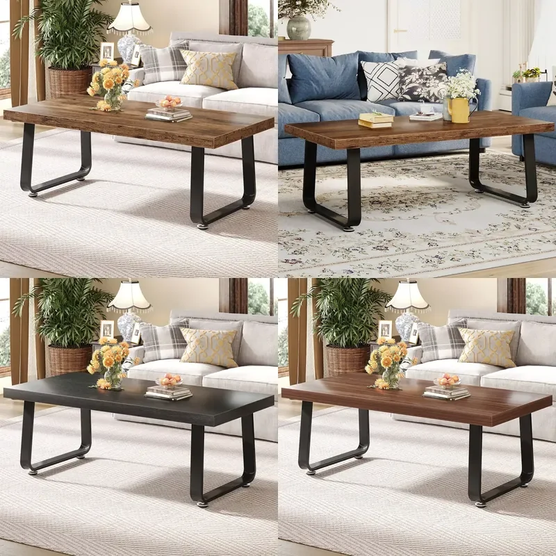 Modern Rectangular Solid Wood Center Table with Steel Legs Portable Coffee Table for Living Room Furniture
