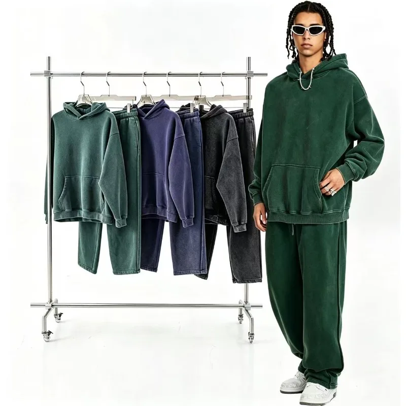 Luxury Design Men‘s Washed Hoodies Set Oversized Hooded Sweatshirt Wide Leg Pants Set Couple Outfit Vintage Streetwear Tracksuit