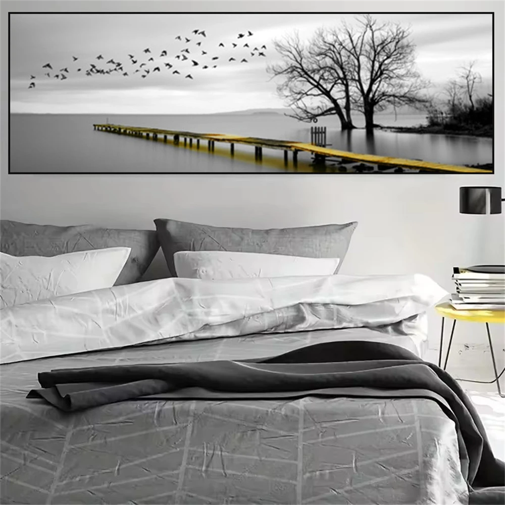 Black And White Bridge Scenery Wall Art Canvas Painting Industrial Style Lake Birds Tree Posters And Prints Living Room Decor