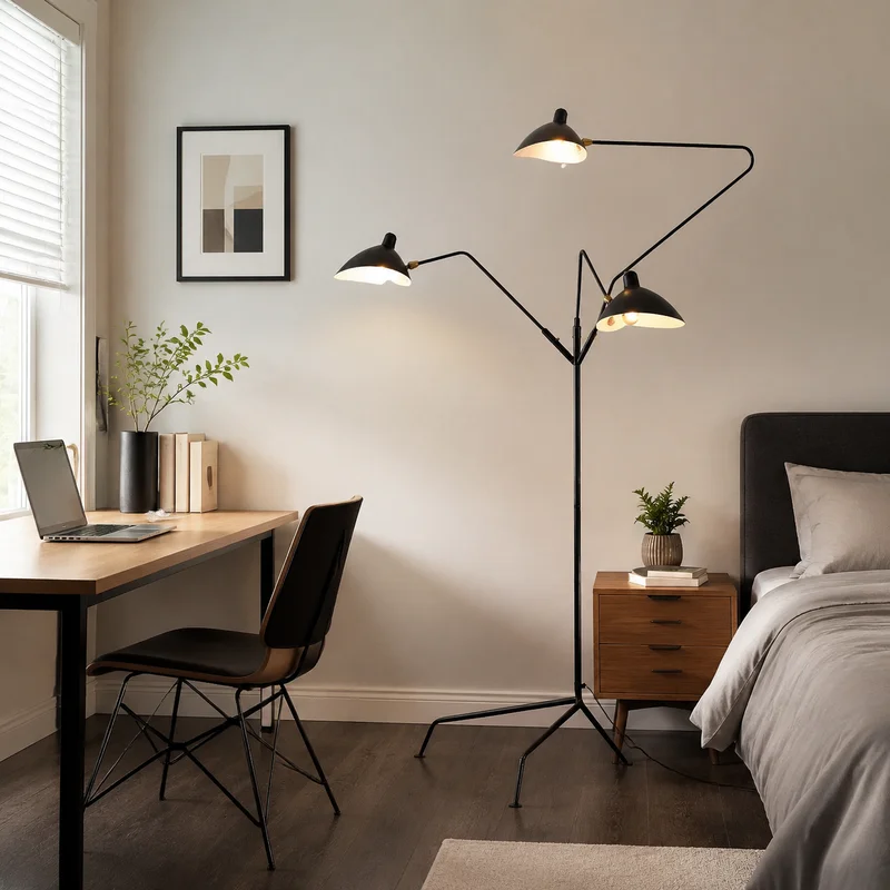 Mid Century Iron Three Head Floor Fixture Modern Adjustable Task Fixture For Living Room Bedroom Minimalist Standing Floor Lamp
