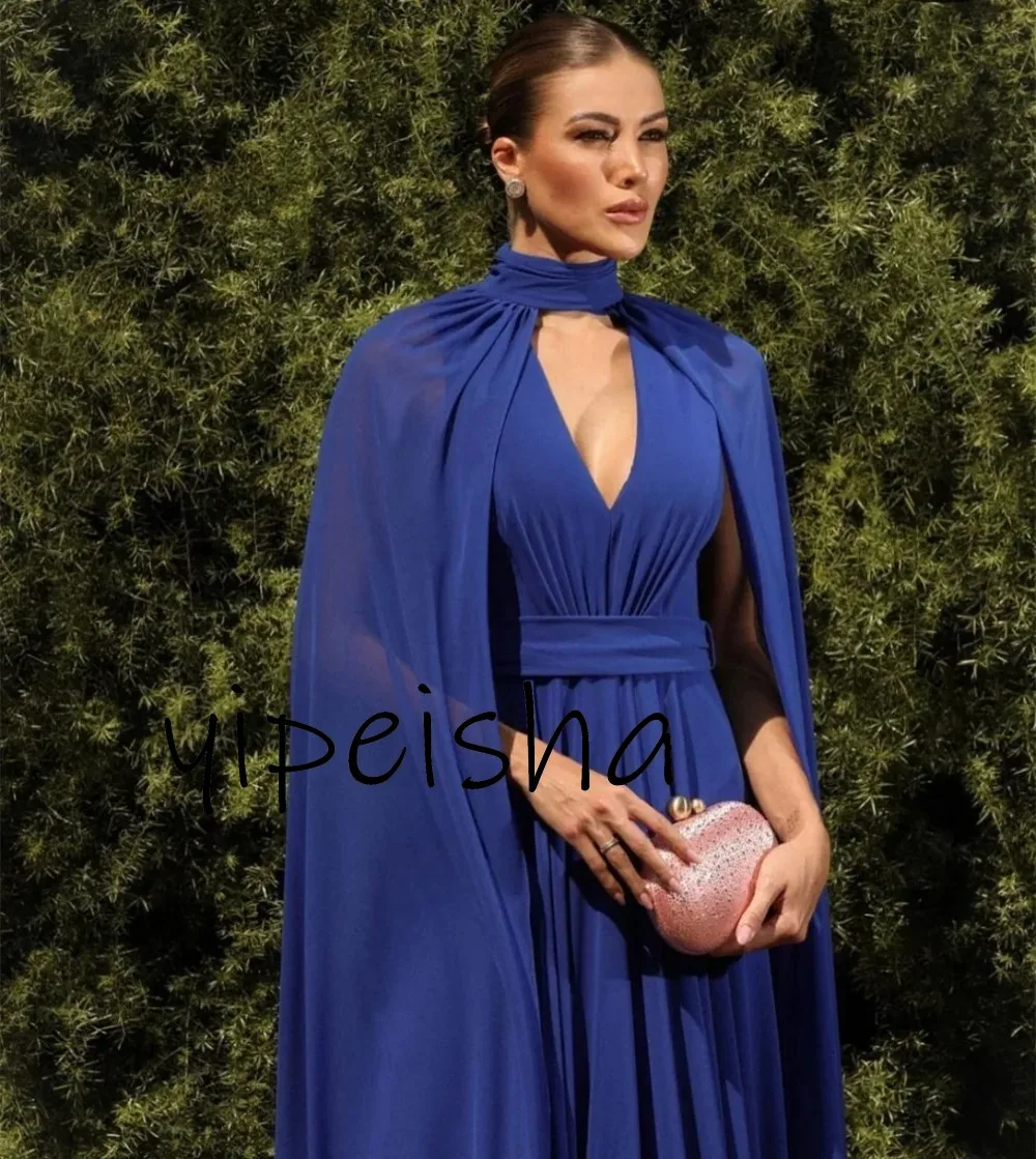 Personalizado elegante chiffon a linha plissado vestido de baile longo azul halter vestidos de noite até o chão para mulheres formal casamento gue