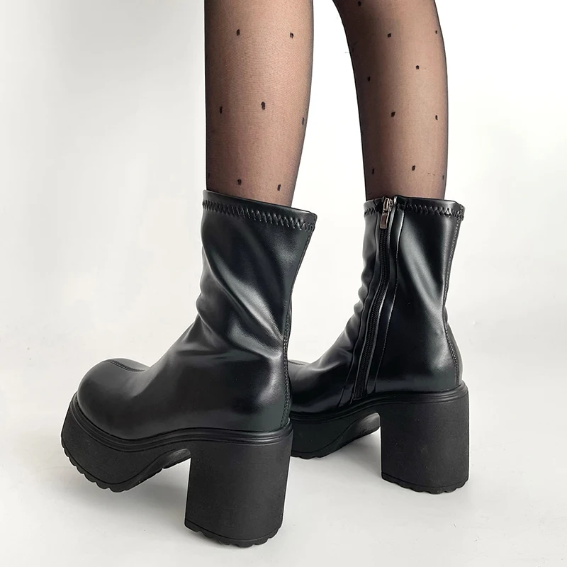 Punk Style Mid-Calf Boots Women 2024 new Black PU Leather Platform Western Boots Woman Fashion Round Head Thick Heels Boots