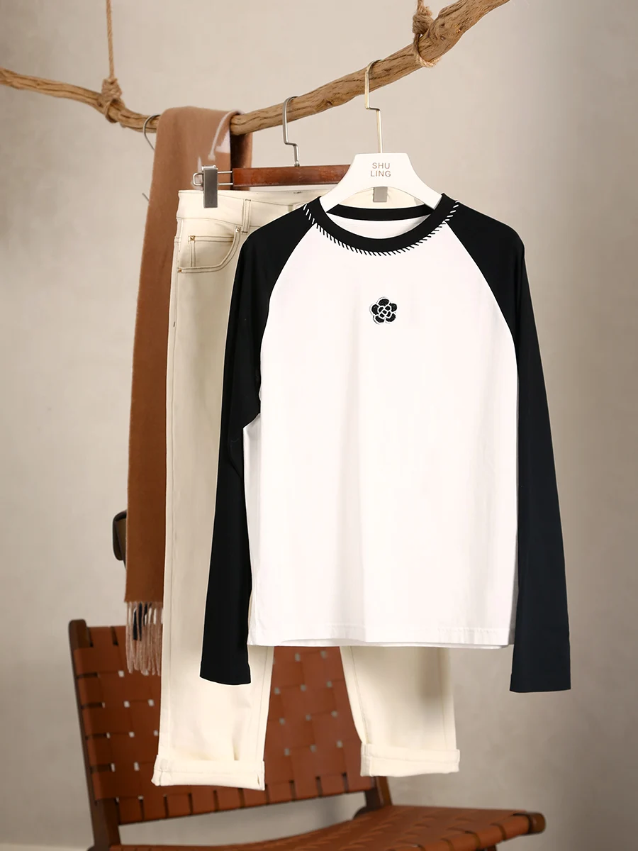 

YongLeap Handmade Cotton T-irt Women's New Autumn Winter Faion Pearls Mountain Tea Flower Long Sve round Ne Top