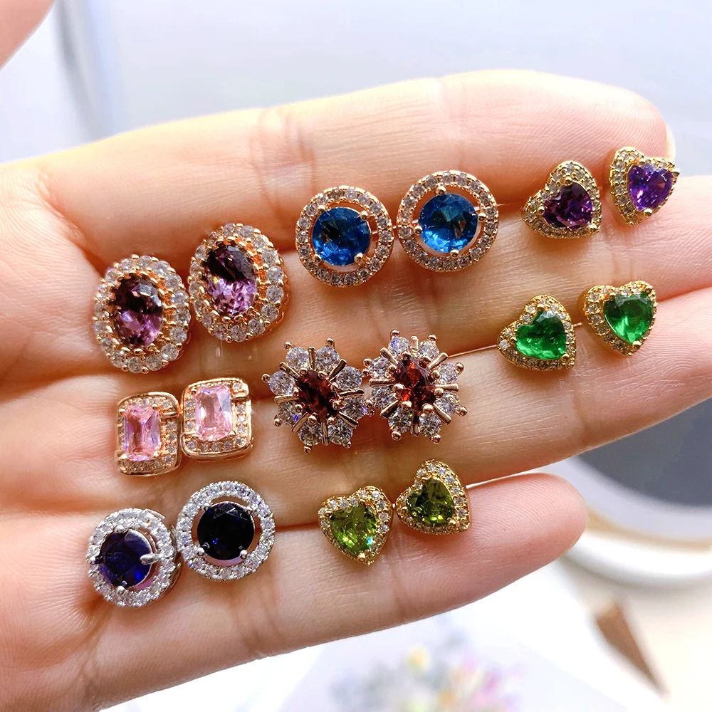 Colorful Crystal Stud Earrings for Women Luxury Imitation Gemstone Heart Geometric Zirconia Cartilage Earings Wedding Jewelry