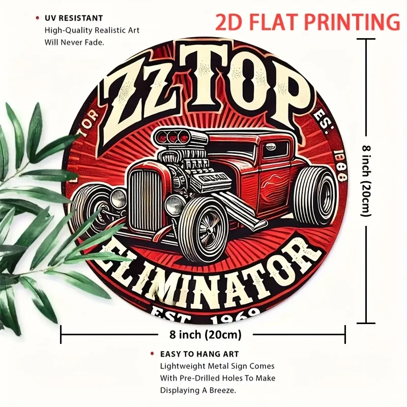 2D Flat, 1pc ZZ Top Eliminator Hot Rod Car Tin Sign - Vintage Heavy Metal Decor - Retro Red & Black Retro Garage Art - Pre-Drill view 3