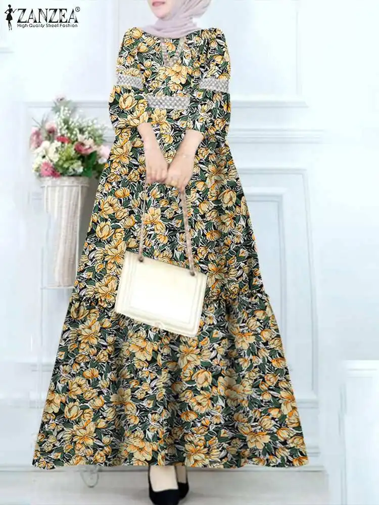 

Bohemian Women Floral Printed Maxi Dress Autumn Vintage Dubai Turkey Abaya Hijab Sundress ZANZEA Holiday Muslim Islamic Clothing