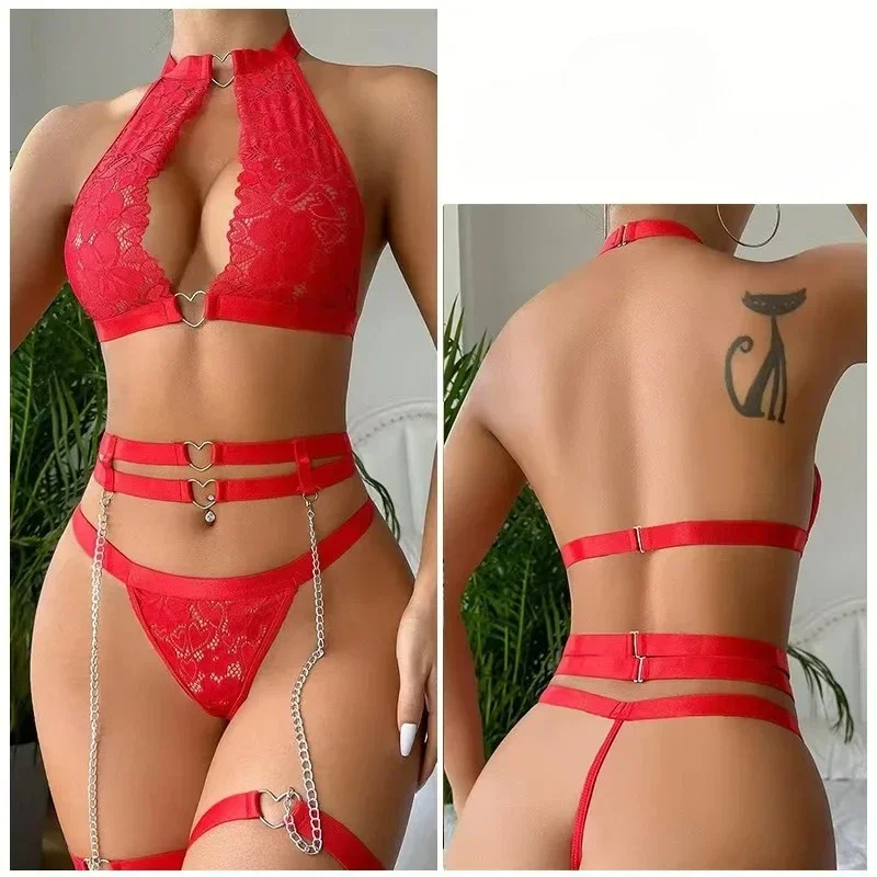 

Women's lingerie set transparent mesh lace steel chain bra thong lingerie sexy bra