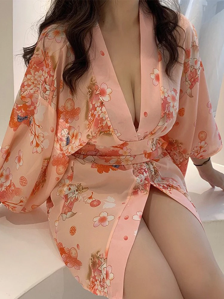 

Sexy Sleepwear Women Underwear Robe Print Floral Pajama Sets Homewear Kimono Japanese Long Sleeve Mini Dresses Nightwear
