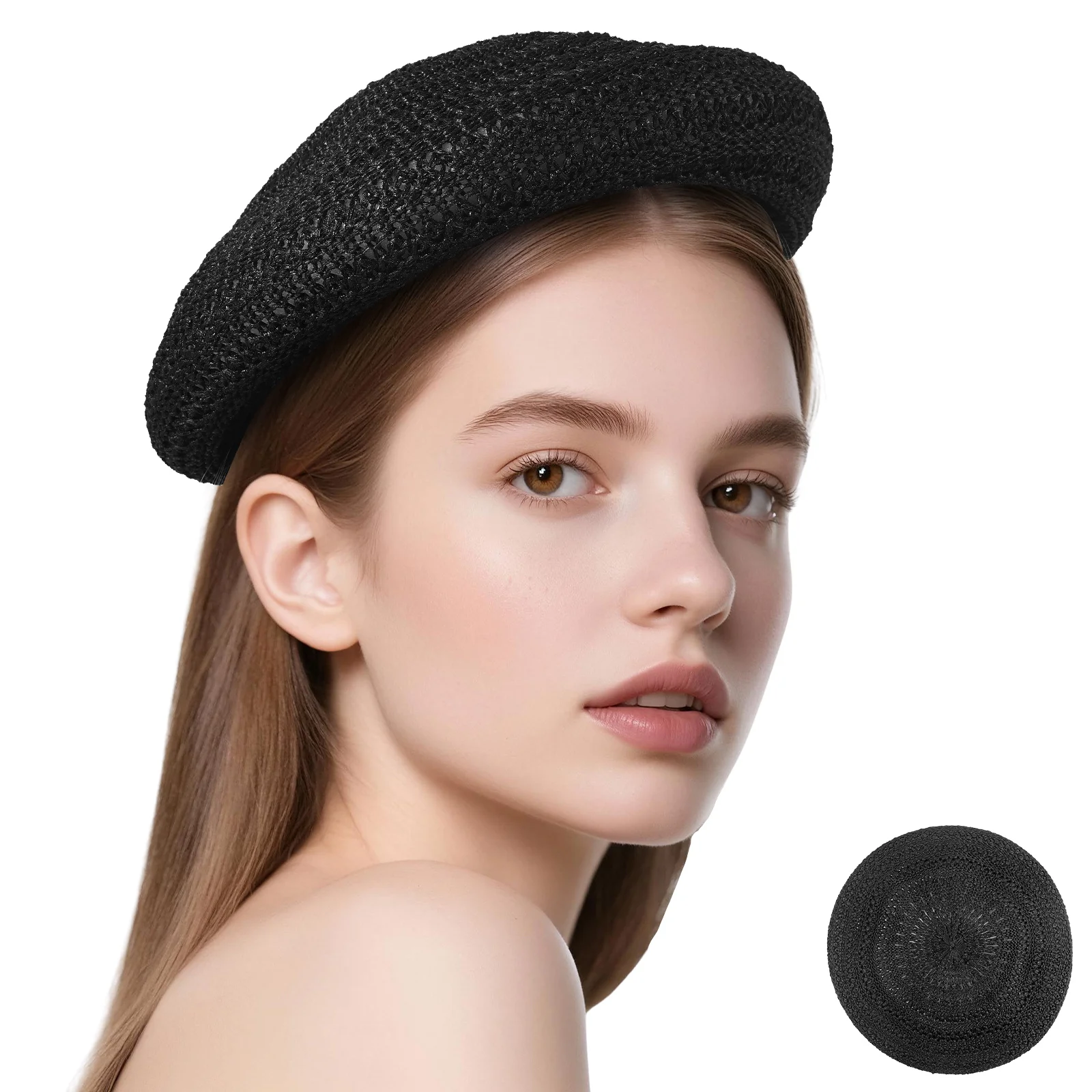 

Vintage Woven Beret Hat Cotton Linen Material Summer Spring Outdoor Vacation Travel Casual Fashion Women Black Hats