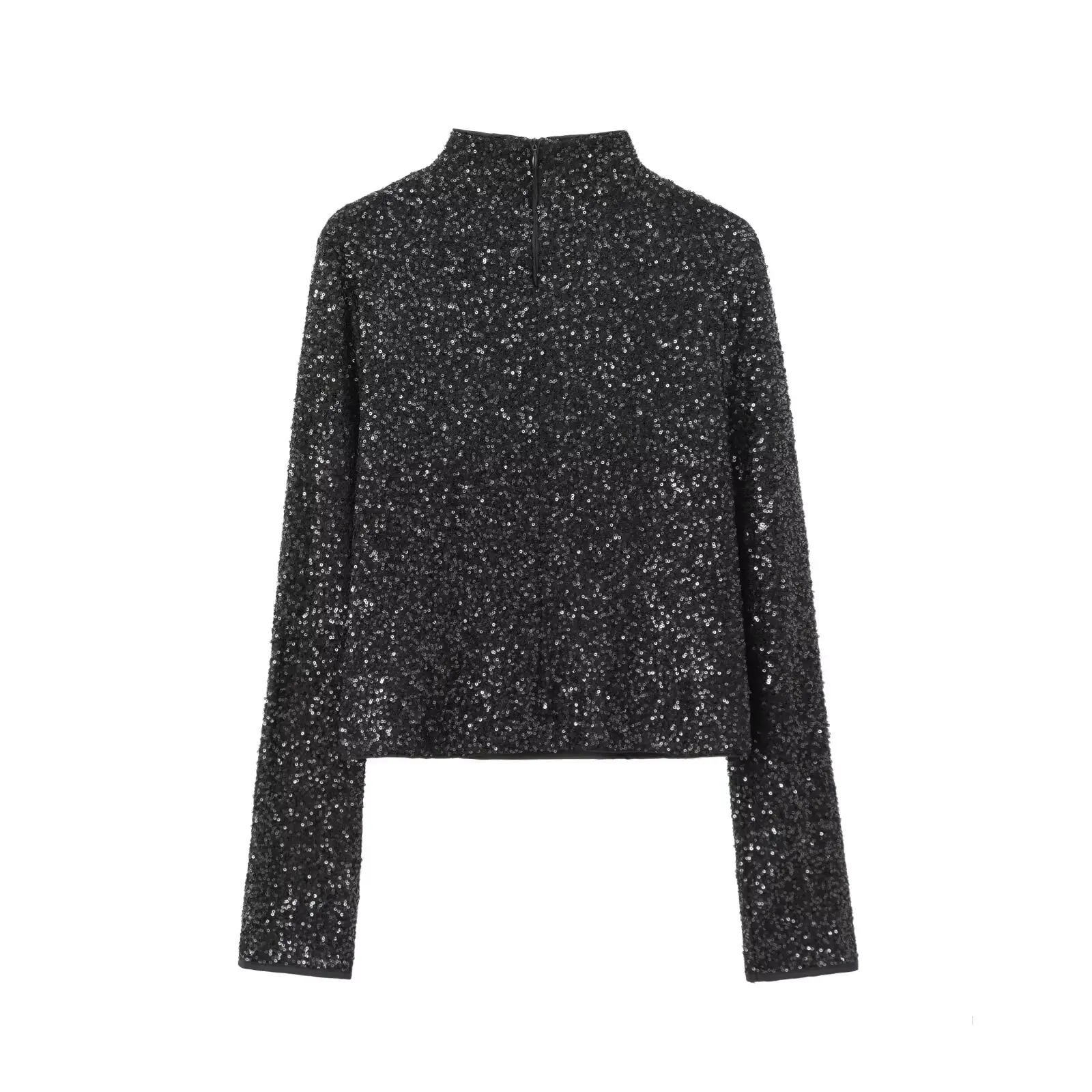 HH TRAF Women Fashion Versatile Sparkling Sequin Turtleneck Top Female Temperament Elegant Back Zipper Long-Sleeved 2-Color Top