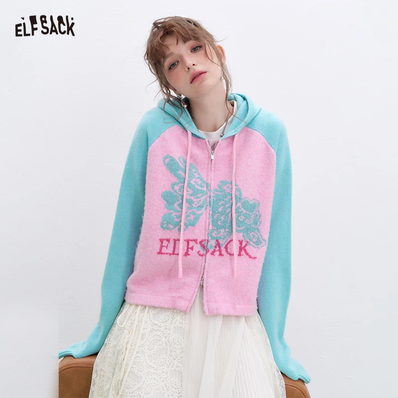 

ELFSACK Y2K Вязаный кардиган реглан с капюшоном и буквенным принтом с цветными блоками для женщин