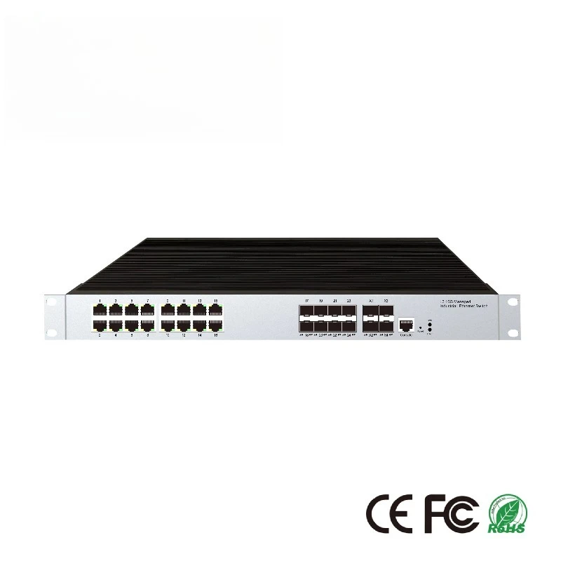 16-RJ45 Port Industrial Managed Ethernet Switch, 8 SFP Ports, 4 10G SFP Uplink Ports ERPS Ring, Dynamic Routing and VLAN