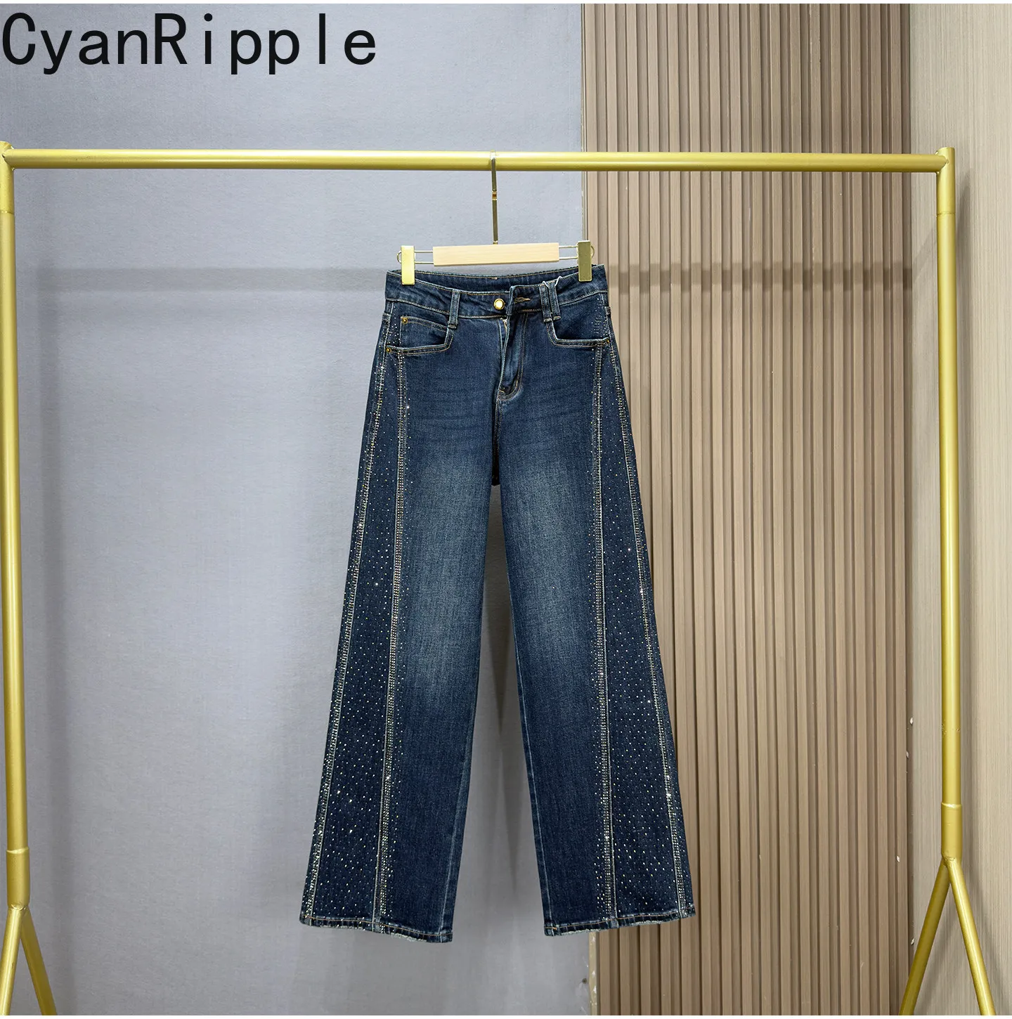 Trendy New Autumn Hot Diamonds Wide Leg Women Jeans All-match High Waist Floor-length Straight Casual Trousers Loose Denim Pants