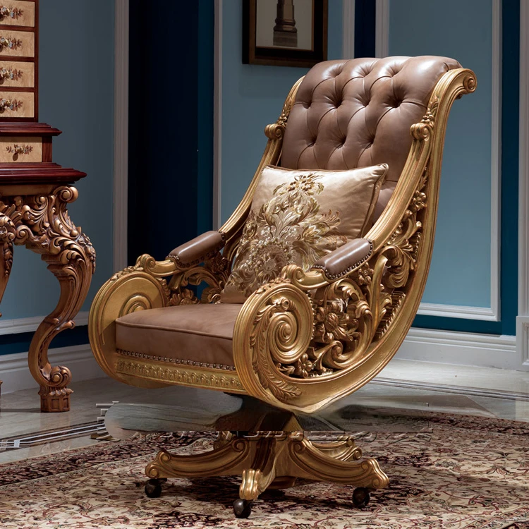 Custom-made European neo-classical all-solid wood book chair French first-floor cowhide boss plush chair American champagne